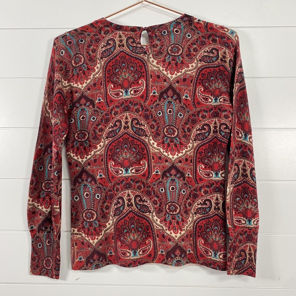 Talbots Sweater Womens Petite Red Paisley 100% Merino Wool LongSleeve Southwest - Picture 3 of 11